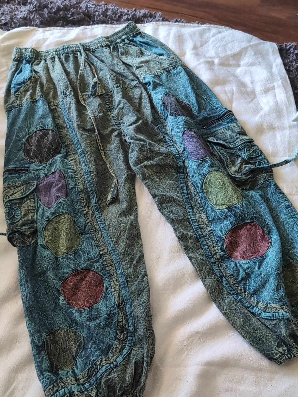 Boho Patchwork Drawstring Harem Pants in Teal with Multicolor Circles